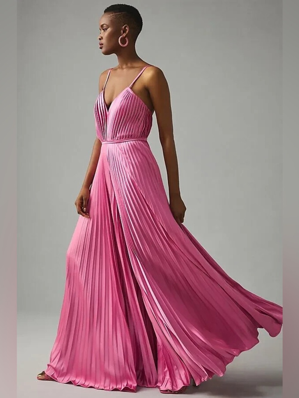 MAC DUGGAL Pink Pleated Plunge Neck Wide Leg Jumpsuit